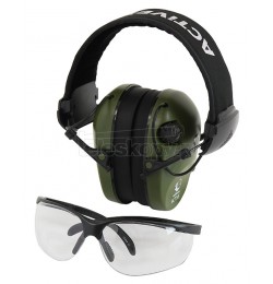 Słuchawki ochronne aktywne RealHunter ACTiVE PRO oliwkowe + okulary ochronne